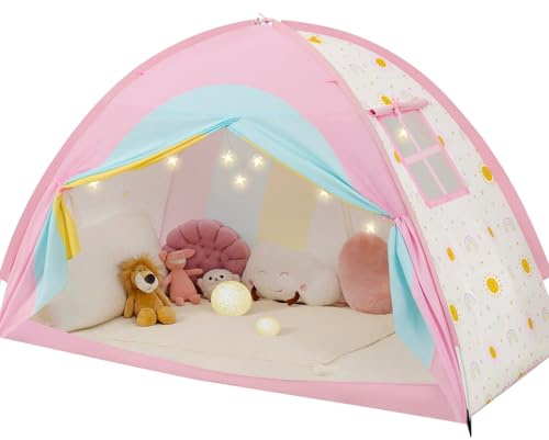 PIIKAGO Full Bed Tent for Kids, Full Size Bed Canopy with Star Lights, Privacy Space Blackout Sleeping Tents, Indoor Breathable Portable Bunk Bed Tent for Girls, Rainbow