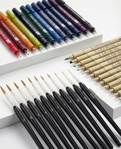 Asheyya 35 Pcs Fineliner Pens, 12 Black Fine Liner Waterproof Ink with 12 Vintage Colours Micron Pens and 11 Fine Paint Brushes