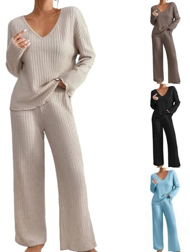 Couawaticy Womens Pyjamas Set Nightwear, Ladies Ribbed 2 Piece Outfits Loungewear Sets Leisure Suits Homewear V Neck Long Sleeve Jumpers and Wide Leg Trousers with Pockets Beige