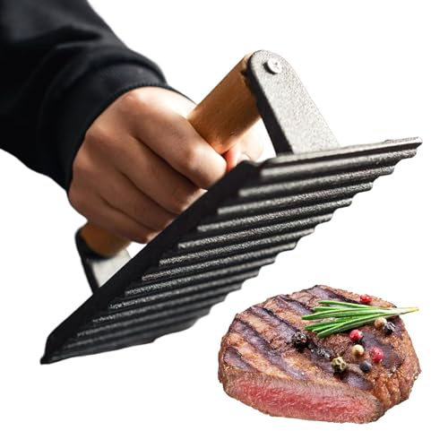 Prensa De Carne De Hierro Fundido para Parrilla - Plancha Rectangular Ponderada con Mango De Madera, Ideal para Filetes, Hamburguesas Y Bacon, Distribución Uniforme De Calor para Cocción Rápida |