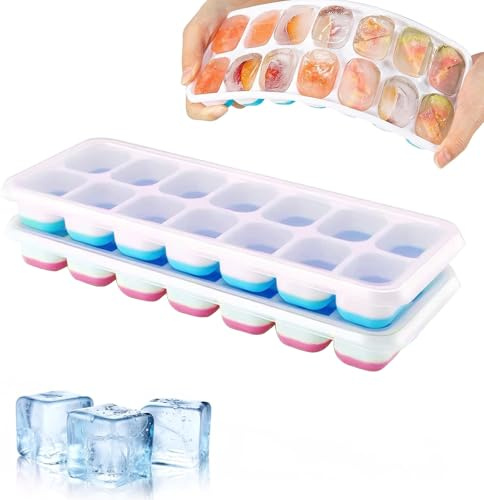 Wennala Contenitore Per Cubetti di Ghiaccio In Silicone Con Coperchio, Salvaspazio E Impilabile, Confezione da 2 Contenitori Per Cubetti di Ghiaccio Con Coperchio, In Silicone, Certificato LFGB E