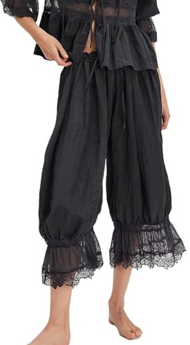 HUIFUAO Spetstrimla bloomers för kvinnor, elastisk midja, boho, volang, pumpa, byxor, vintage, viktorianska byxor, underkjol, Y2K, hippie, beskurna haremsbyxor, lounge, pyjamasbyxor