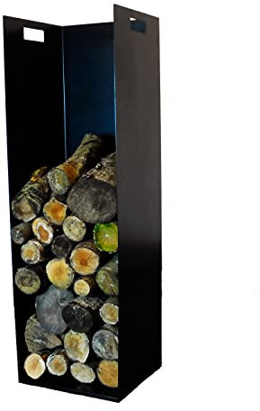 Volcann Modern 102cm Tall Steel Firewood Log Holder - Fireplace Wood Store, Metal Basket with Handheld, Storage for Indoor Woodstove, Fireside Accessories (Black)