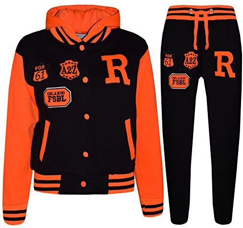 A2Z 4 Kids Unisex Barn Flickor Pojkar Huva Baseboll - B.B Tracksuit Black & Neon Orange 9-10