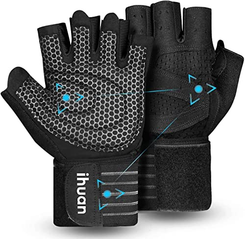 ihuan Guantes Gimnasio de Levantamiento de Pesas con Muñequeras, Adecuados para Hombres, Mujeres, Protección Completa de la Palma para de Pesas, Ejercicio, Fitness, Suspensión, Dominadas