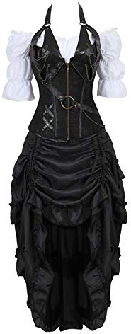 Grebrafan Steampunk Corsets Bustiers Pirate Skirt Blouse Set 3 Piece Leather Corset Outfits for Women (UK(20-22) 5XL, Black)