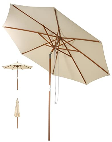 GOPLUS Parasol de Jardin Exterieur 3M, Parasol Inclinable à Corde en Bois avec 8 Baleines en Bambou, Levage par Poulie, Protection Solaire, pour Piscine, Cour, Base Non Incluse