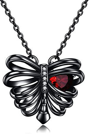 URONE Collana a costine in argento Sterling con ciondolo nero con cuore rosso e zircone gotico Punk teschio gioielli regali di compleanno per donna