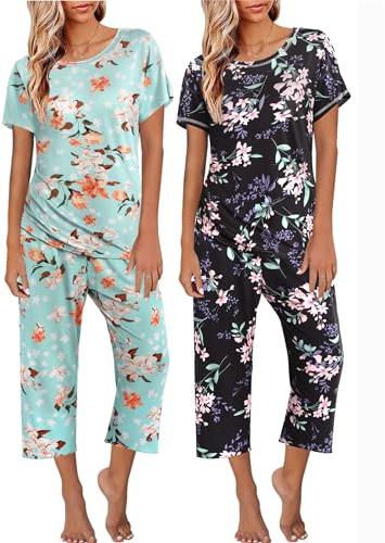 Ekouaer 2 Pack Womens Pajamas Sets Short Sleeve Tops and Capri Pants Pjs Colorful Printed Sleepwear Sets Brown Flowers Black M