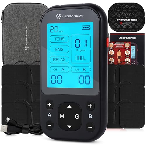 NEOCARBON TENS Unit Muscle Stimulator Pro for Back Pain Relief, Shoulder Recovery and Physical Therapy, Electronic EMS Massager Machine with PMS Pulse for Effective Shock Therapy, Black