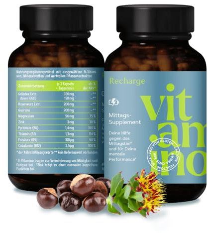 Vitamino Recharge - Koffeinhaltige Kapseln mit Guarana, Grüntee, B-Vitaminen uvm., für Deine mentale Performance - Vegan, Glutenfrei, Lactosefrei
