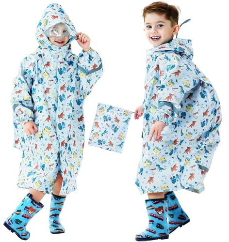 Domueay Chubasquero para Niños Poncho Impermeable Ligero Lindos Dinosaurio Poncho de Lluvia con Capucha y Rayas Reflectantes Plegable Reutilizable Chaqueta Impermeable 3-5 años, Azul claro