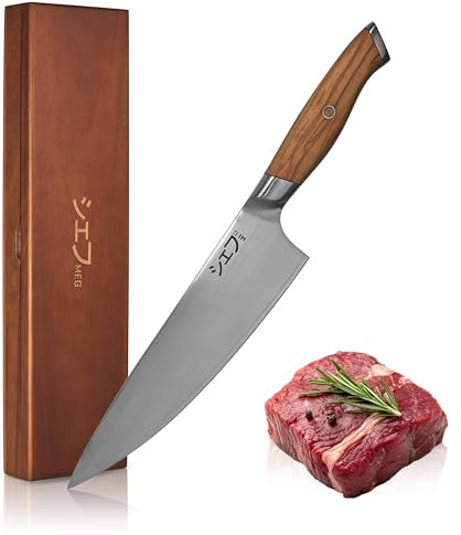 MEG Cuchillo Chef Gyuto Japones, Construccion San Mai de 3 capas – Acero Alto Carbono, Filo en V Profesional, Mango octogonal de Resina Rosa y Caja de Madera de Acacia – Cuchillo de Cocina Premium
