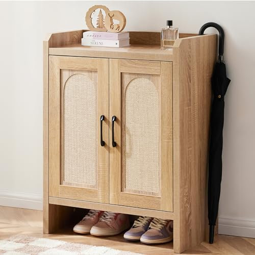 Mericonia Shoe Cabinet Storage for Entryway, Natural Rattan Shoe Storage Cabinet, Wooden Shoe Rack Cabinet, Farmhouse Boho Wood Shoe Organizer Cabinet for Hallway