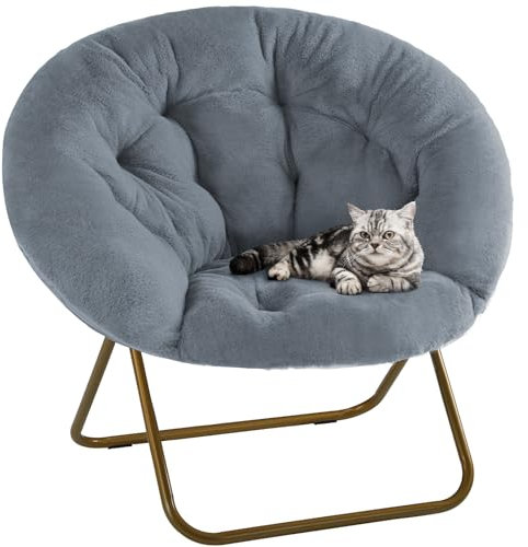DUMOS Comfy Saucer Chairs Cozy Faux Fur Soft Lounge Cute Folding Bedroom Living Room Seat Flexible Reading Foldable Seating for Kids Adults Thick Padded Metal Frame Modern for Home Office Grey