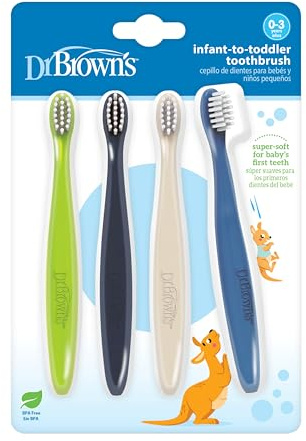 Dr. Brown's Infant-to-Toddler Toothbrush Set, Soft & Gentle Manual Toothbrushes for Baby, Green/Dark Blue/Ecru/Blue, BPA Free, 0-3 Years – 4-Pack