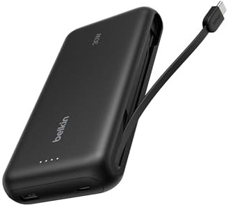 Belkin Gaming batería Externa de 30 W con Cable USB-C Integrado y 20000mAh de Capacidad, Carga rápida USB-C PD, Cargador portátil para Nintendo Switch 2, iPhone 16, iPad Pro y Galaxy S25, Negro