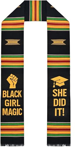 Black Girl Magic Graduation Stole 2026 – Kente Graduation Sash for Black Women, African Graduation Stole with Fist & Cap Design, She Did It Graduation Gown Accessories