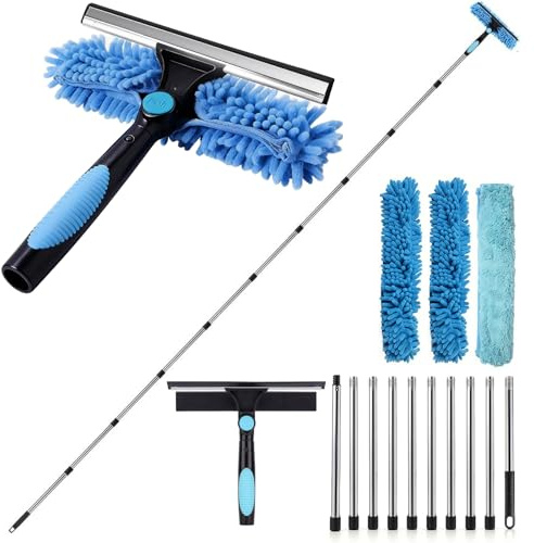 Kit Pulizia Vetri Telescopico 2-in-1 fino a 390 cm,Set Professionale con Racleta in Silicone,Paños in Microfibra,Manico Estensibile per Finestre Alte,Vetro,Doccia,Specchi & Auto