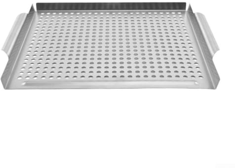Bistecchiera in acciaio inox per barbecue all'aperto, 29,5 x 35,7 x 2,3 cm, teglia forata con drenaggio del grasso, compatibile con griglie a carbone ed elettriche, argento
