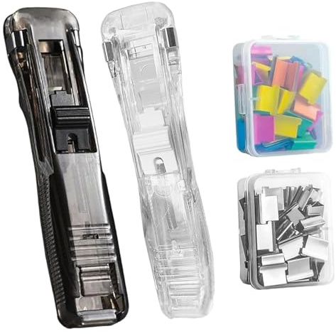2 Piezas Grapadora de clip, Grapadora reutilizable y portátil de presión, Dispensador de clips, Incluye 100 clips de acero inoxidable, Ideal para oficina, escuela y hogar (C)