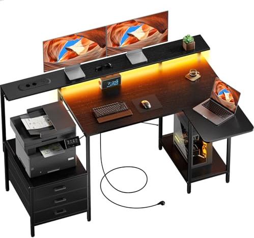 SOLAVERO Mesa Escritorio con Bandeja Plegable, 140 x 50 cm Negro | Escritorio Gaming en L con Enchufes & USB-C, Mesa Ordenador con Cajones de Tela, Mesa Oficina con Soporte para Monitor