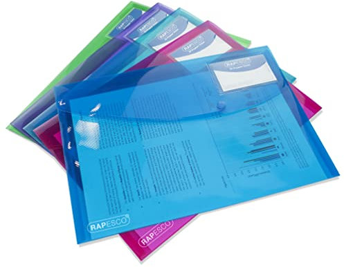 Rapesco 0700 ECO Recycelte Dokumentenmappe mit Druckknopf und Ausweishüllen, A4, Sortierte Transparente Farben, 5 Stück