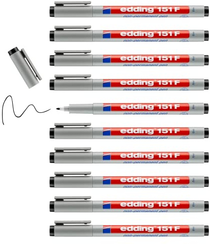 edding 151 F stylo non-permanent - noir - 10 stylos - plume ronde,6 mm - stylo pour écrire sur le verre, le plastique, les films et les surfaces lisses - séchage rapide, peut être corrigé à l'eau
