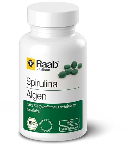 Raab Vitalfood Bio Spirulina-Tabletten, 200 Stück, vegan, laborgeprüft, glutenfrei, mit Vitamin A und Vitamin K, ohne Zusätze, Mikro-Algen, 80 g
