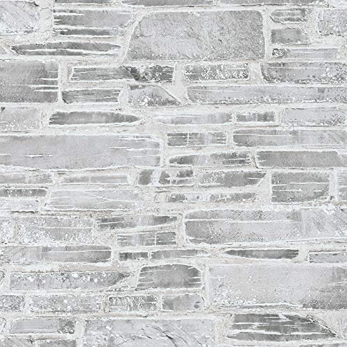 BRICOFLOR Papier peint brique gris clair Tapisserie effet pierre pour le salon Papiers peints tendances pour la cuisine & chambre d'adulte