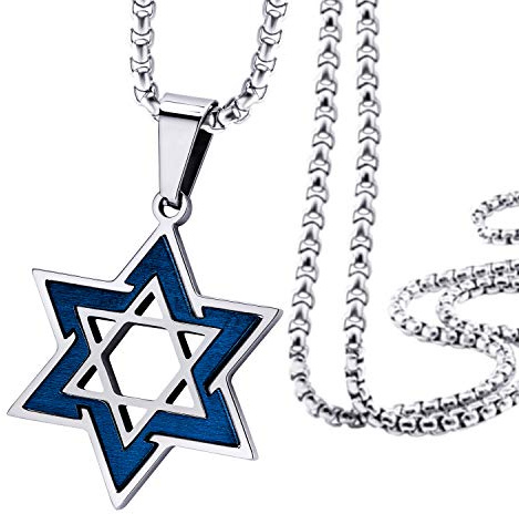 555Jewelry 2 Tone Stainless Steel Star of David Necklace for Men & Women, Box Chain Star Of David Necklace for Women, Small Jewish Star Necklace, Mens Jewish Star Necklace, 20 Inch, Silver & Blue