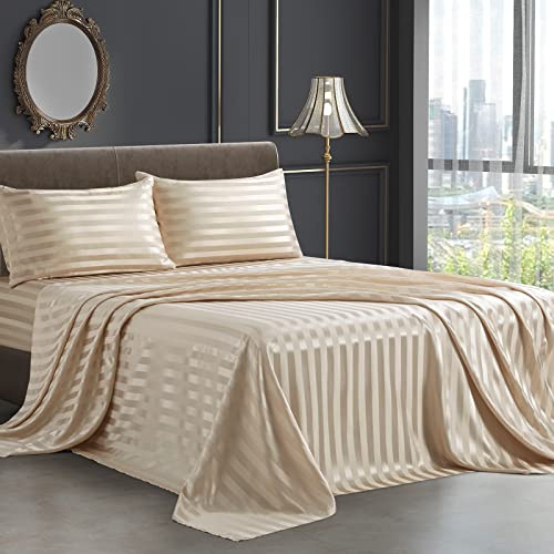 SiinvdaBZX 4 Piece Satin Bed Sheets, Striped Printed Bed Sheets, Italian Style, Silky, Soft, Beige, Satin, Full Bed Sheets with Deep Pocket, 1 Bed Sheet, 2 Pillowcases with Hotel Closure