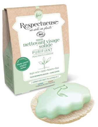 Respectueuse Mon Nettoyant Visage Solide Purifiant 35 g + 1 Porte-Savon Végétal Offert