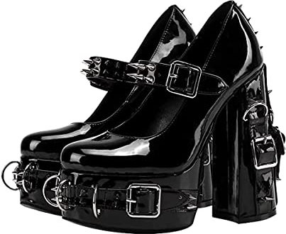 Only maker Damen Mary Jane Pumps Lolita Plateau High Heels Blockabsatz mit Nieten Schnallen Metallingen Lack Schwarz 41 EU
