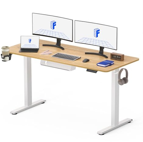 FLEXISPOT 140 * 60cm Electric Standing Desk Adjustable Sit Stand Up Desk Computer Desk with Hook Memory Function for Office and Home (Maple+White)