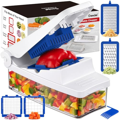 Geedel Mandolina per Verdure Professionale, Taglia Verdure Manuale 4 in 1 con Contenitore, Affetta Verdure per Insalata Cipolla Patata Carota.(Blu)