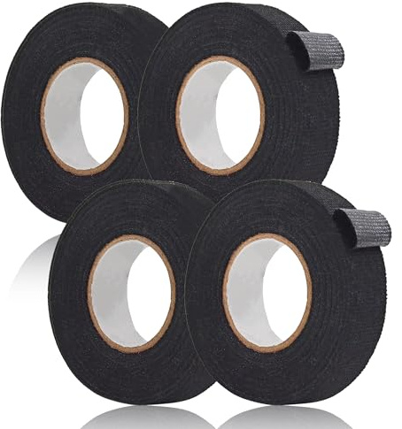 Rayconup 4 stycken vävtejp, svart, självhäftande tyg, textiltejp, isoleringsband, svart, för bilkablar (19 mm x 15 m)
