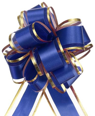 QUARKZMAN Noeud Cadeau 10Pcs 10cm Noeud de Ruban de Noël avec Bordure Dorée, Ruban d'emballage Cadeau en Organza pour Voiture, Nœud pour Paniers de Voiture de Mariage, Nœud, Bleu Foncé