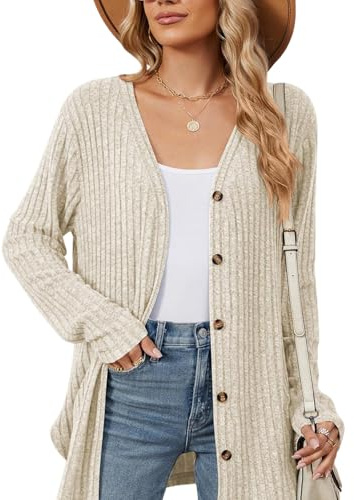 Atxnn Cárdigan Mujer Elegante Chaqueta de Punto con Botones Suéteres Delantera Abierta Jersey Cárdigans Manga Larga Rebeca Casual para Otoño Invierno, Albaricoque M