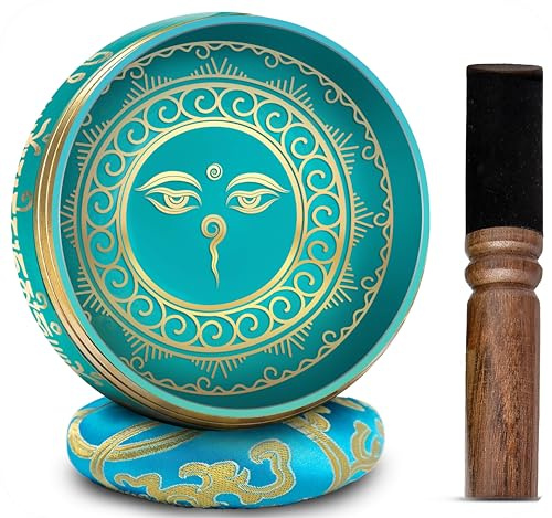 Tibetan Singing Bowl Set - 4 Easy To Play Authentic Handmade For Meditation Sound 7 Chakra Healing By HIMALAYAN BAZAAR (Turquoise Blue, 4)