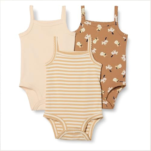 Amazon Essentials Bimba 0-24 Body Smanicati, Pacco da 3, Lion E Pony/Pesca Pallido/Righe, 0 mesi