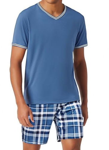 Bresdk Schlafanzug Herren kurz Baumwolle Sommer Pyjama Set Nachtwäsche Kurzarm V-Ausschnitt und Shorty Schlafanzughose