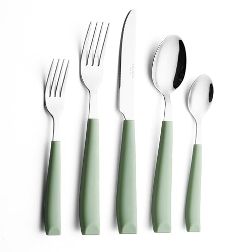 ANNOVA Set di posate, set di posate con manico colorato in acciaio inossidabile, include coltelli da tavola, forchette, cucchiai, forchette da insalata e cucchiai da dessert (Sage Green, 20 Pieces)