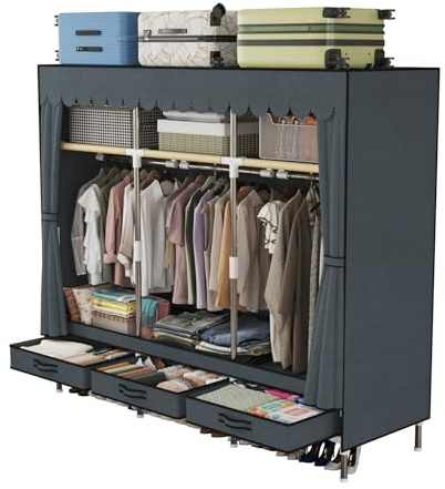 LEAIJIAFY Portable Wardrobe, Freestanding Closet Hanging Organization, Metal Frame with Grey Fabric Cover, 3 Storage Compartments, 3 Hanging Rods, 3 Drawers.