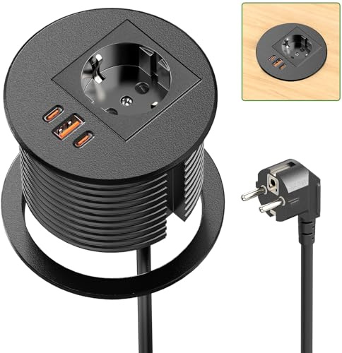 Presa da incasso con 2 USB C PD 35 W, Presa da Tavolo a Scomparsa con USB A QC 30 W, Multipresa da Incasso per Scrivania, Mobili, Piano di Lavoro, Cavo da 1,8 m, Nero