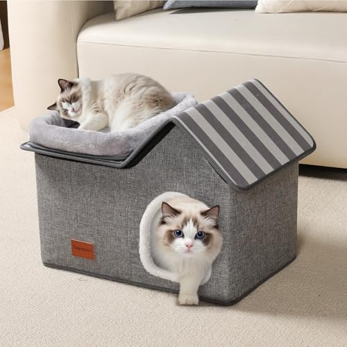 Thihome Cat Beds for Indoor Cats, 2 in 1 Detachable Cat House with Top Zipper & Removable Cushions, Large Cat Cave for Indoor Multiple Small Pets, Large Cats, Grey, 57 x 38.5 x 40cm