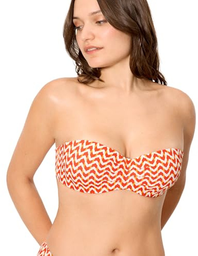 YSABEL MORA. Top Bikini Bandeau Micropiqué Estampado Coral Copas C y D. Top Sin Tirantes con Aro y Relleno. Tirantes Desmontables Anudados al Cuello. Colección Sunset.