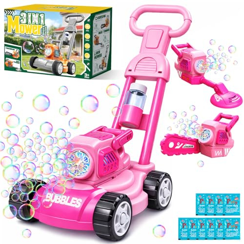 Cortacésped de Burbujas para Niños, Máquina de Burbujas 3 en 1 con 10 Packs de Solución, Juguete de Empuje para Exterior para Niños de 3 a 8 Años, Regalo de Cumpleaños, Pascua y Verano Pink