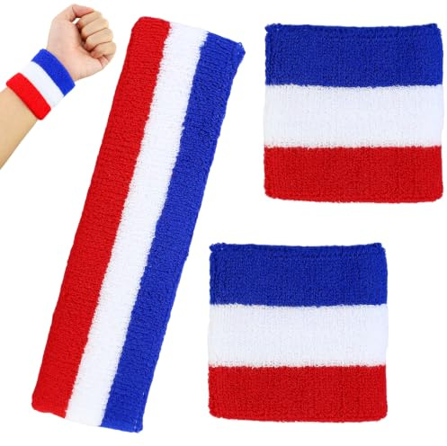 Sports Sweatbands Headband Wristband Set, Sports Sweatband Set (1 Headband + 2 Wristbands) Red White Blue Striped Cotton Elastic Sweatband For Basketball Tennis Practice