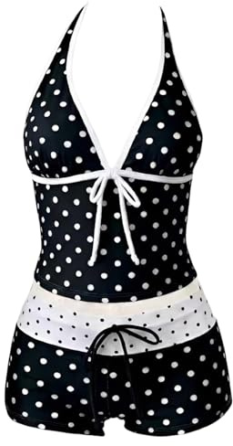 Maillot de Bain Femme Haute 2 Pièces Col en V Rembourré Tankini Shorty Push Up Gainant Maillots avec Cordon de Serrage Été Beachwear Bikini Maillot De Bain Conservateur àPois Fendus